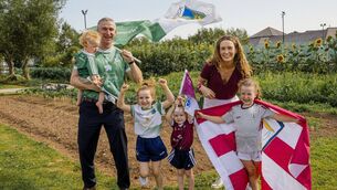 <p>Aislinn Connolly and Conor Fitzgerald with their children, Cóilí, Ailbhe, Brídín, and Peigí. Picture: Adrian Butler</p>