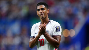 <p>England's Jude Bellingham applauds the fans. </p>