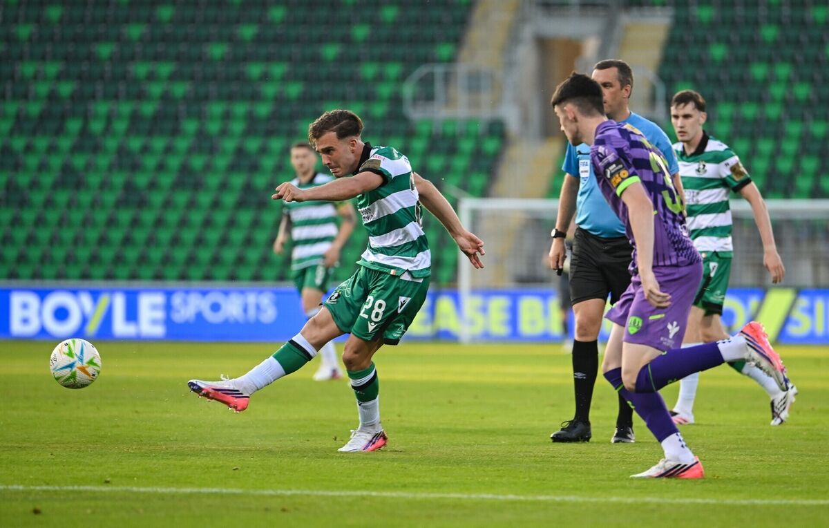 Naj Razi of Shamrock Rovers shoots to score his side's first goal. Pic: Stephen McCarthy/Sportsfile Naj Razi of Shamrock Rovers shoots to score his side's first goal. Pic: Stephen McCarthy/Sportsfile