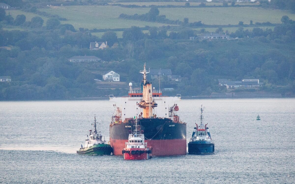 The MV Matthew, escorted by tugs Foteni, Ocean Challanger, Alex and Titan, is seen leaving Cork Harbour after almost three years tied up at the port since her seizure in September 2023. Picture: David Creedon The MV Matthew, escorted by tugs Foteni, Ocean Challanger, Alex and Titan, is seen leaving Cork Harbour after almost three years tied up at the port since her seizure in September 2023. Picture: David Creedon