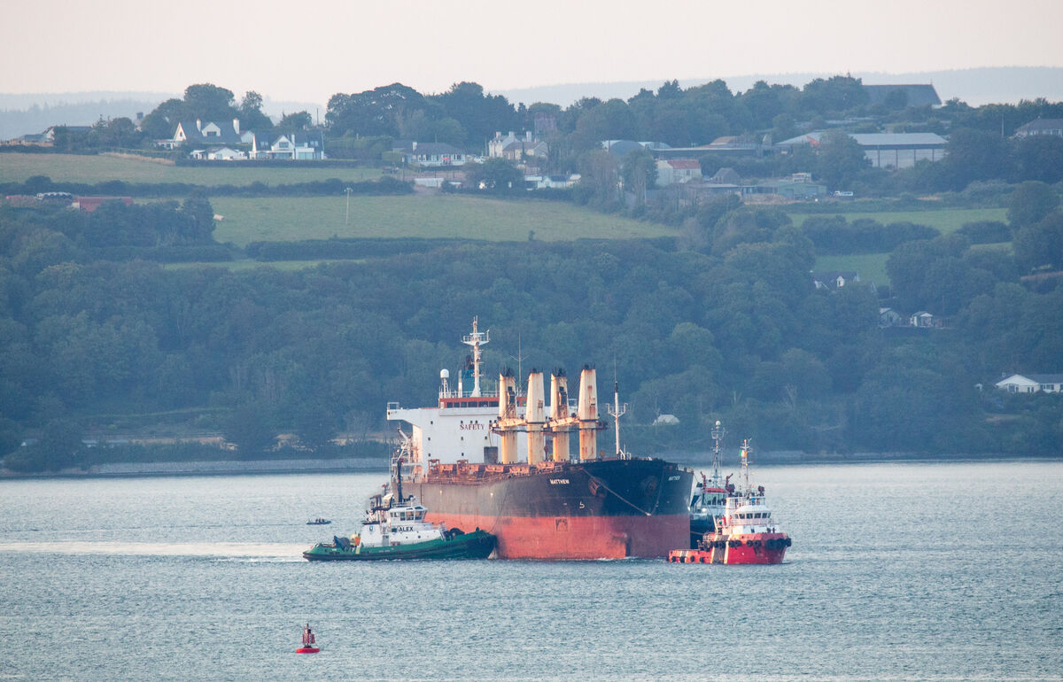 The MV Matthew, escorted by tugs Foteni, Ocean Challanger, Alex and Titan, is seen leaving Cork Harbour after almost three years tied up at the port since her seizure in September 2023. Picture: David Creedon The MV Matthew, escorted by tugs Foteni, Ocean Challanger, Alex and Titan, is seen leaving Cork Harbour after almost three years tied up at the port since her seizure in September 2023. Picture: David Creedon