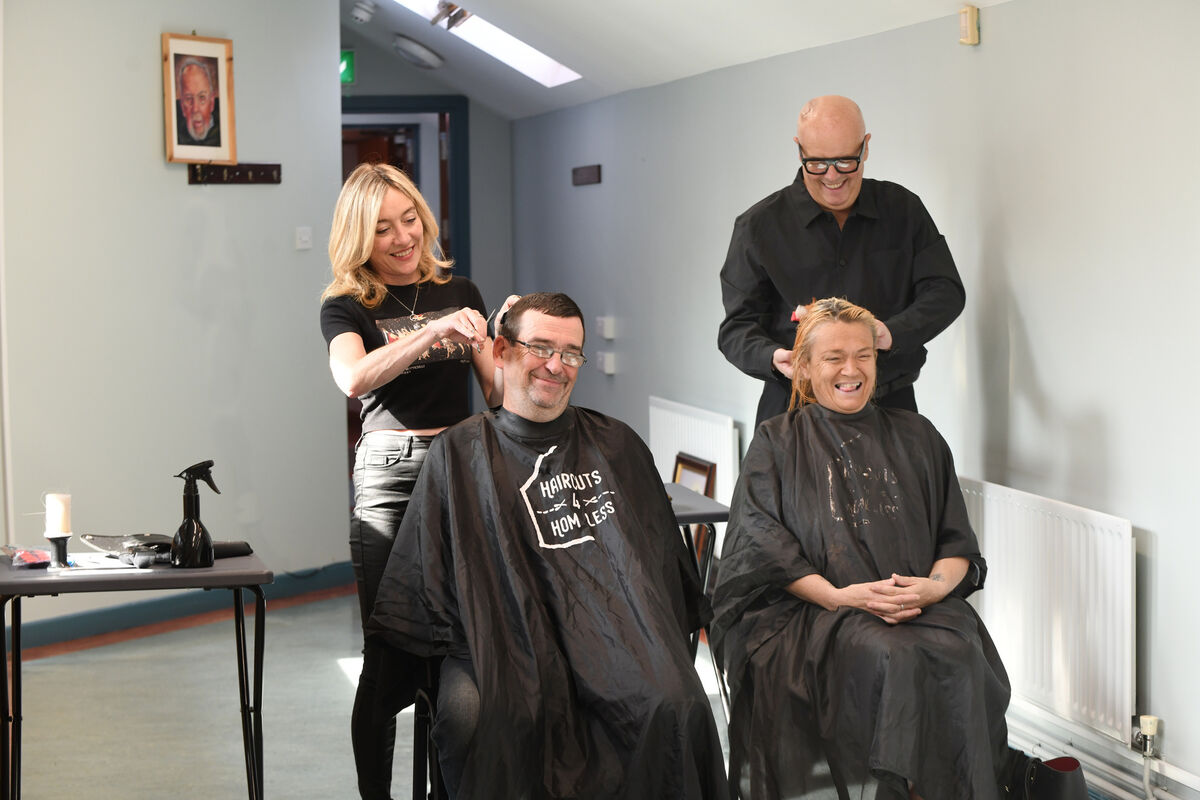 Haircuts 4 Homeless Ireland volunteers Trudy Hayes and Trevor Hynes having the craic with clients Walter and Bernie. Picture: Moya Nolan
Haircuts 4 Homeless Ireland volunteers Trudy Hayes and Trevor Hynes having the craic with clients Walter and Bernie. Picture: Moya Nolan
