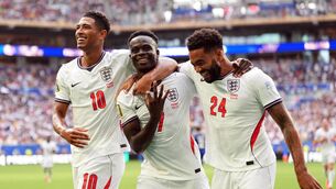 <p>Bukayo Saka celebrates scoring his sides fifth goal and his hat trick</p> <p>Bukayo Saka celebrates scoring his sides fifth goal and his hat trick</p>