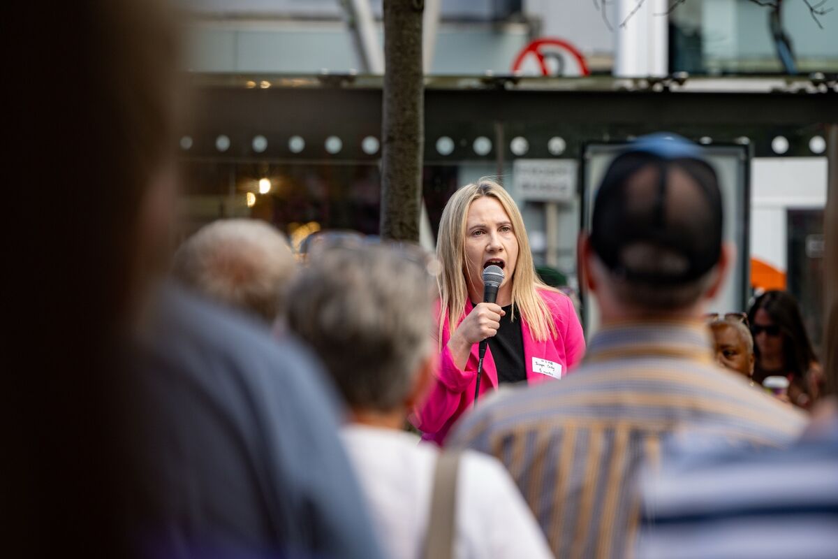 Senator Laura Harmon addressing the crowd on the Grand Parade in Cork City. Senator Laura Harmon addressing the crowd on the Grand Parade in Cork City.