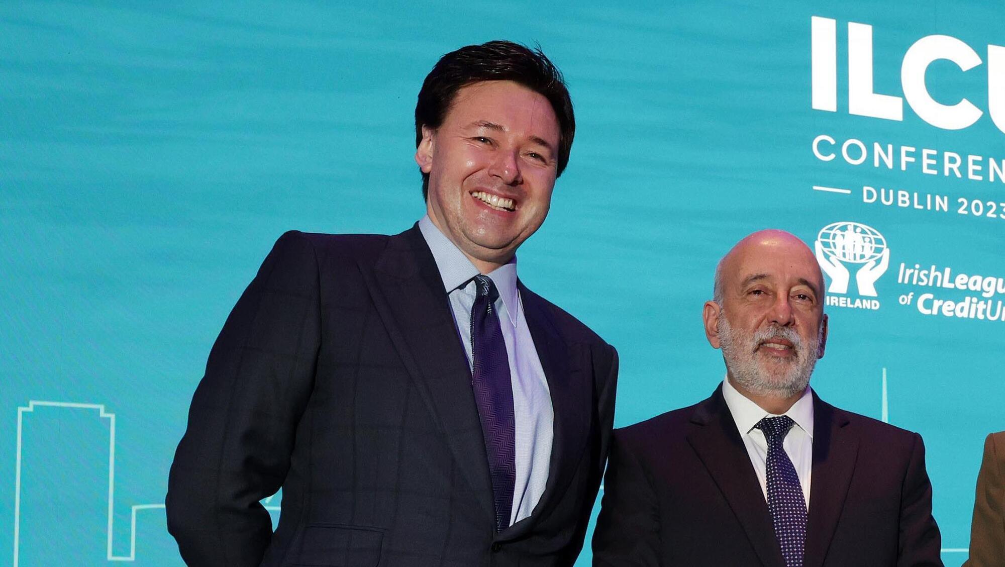  Chief executive of the Irish League of Credit Unions David Malone with Central Bank of Ireland governor Gabriel Makhlouf. 