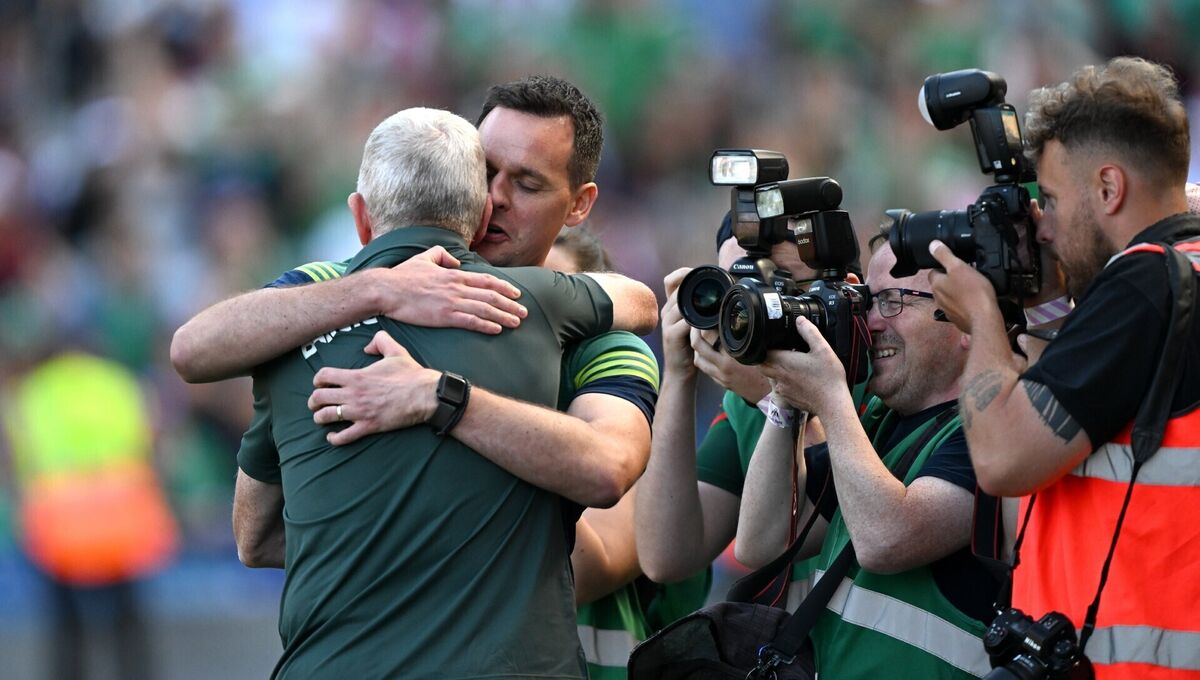 Limerick manager John Kiely celebrates with selector Paul Kinnerk after their side beat Galway in the All-Ireland final. Pic: Ray McManus/Sportsfile