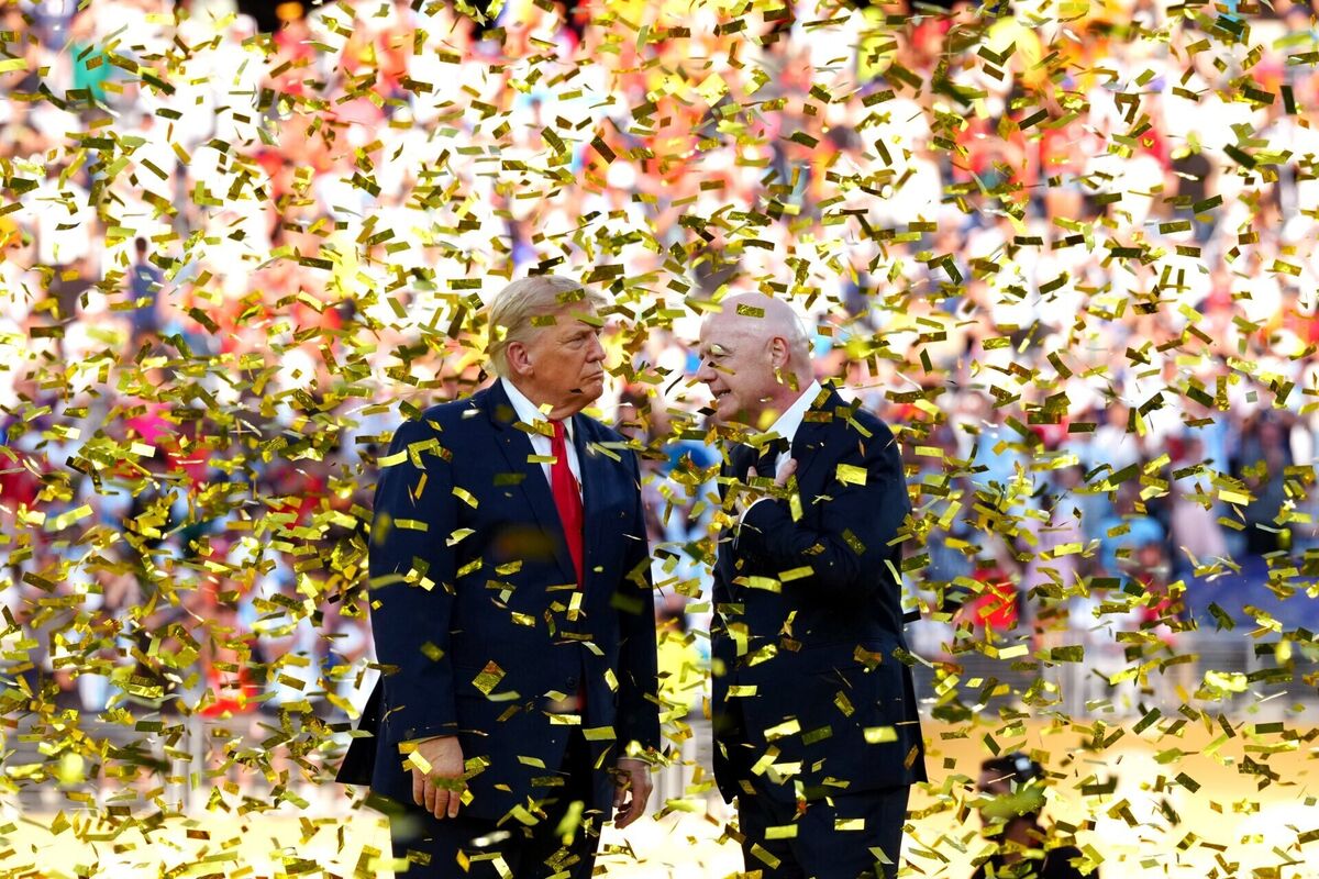 Donald Trump, President of the United States, alongside FIFA President Gianni Infantino following the FIFA World Cup 2026 final at the New York-New Jersey Stadium. Picture: Nick Potts/PA Wire. Donald Trump, President of the United States, alongside FIFA President Gianni Infantino following the FIFA World Cup 2026 final at the New York-New Jersey Stadium. Picture: Nick Potts/PA Wire.