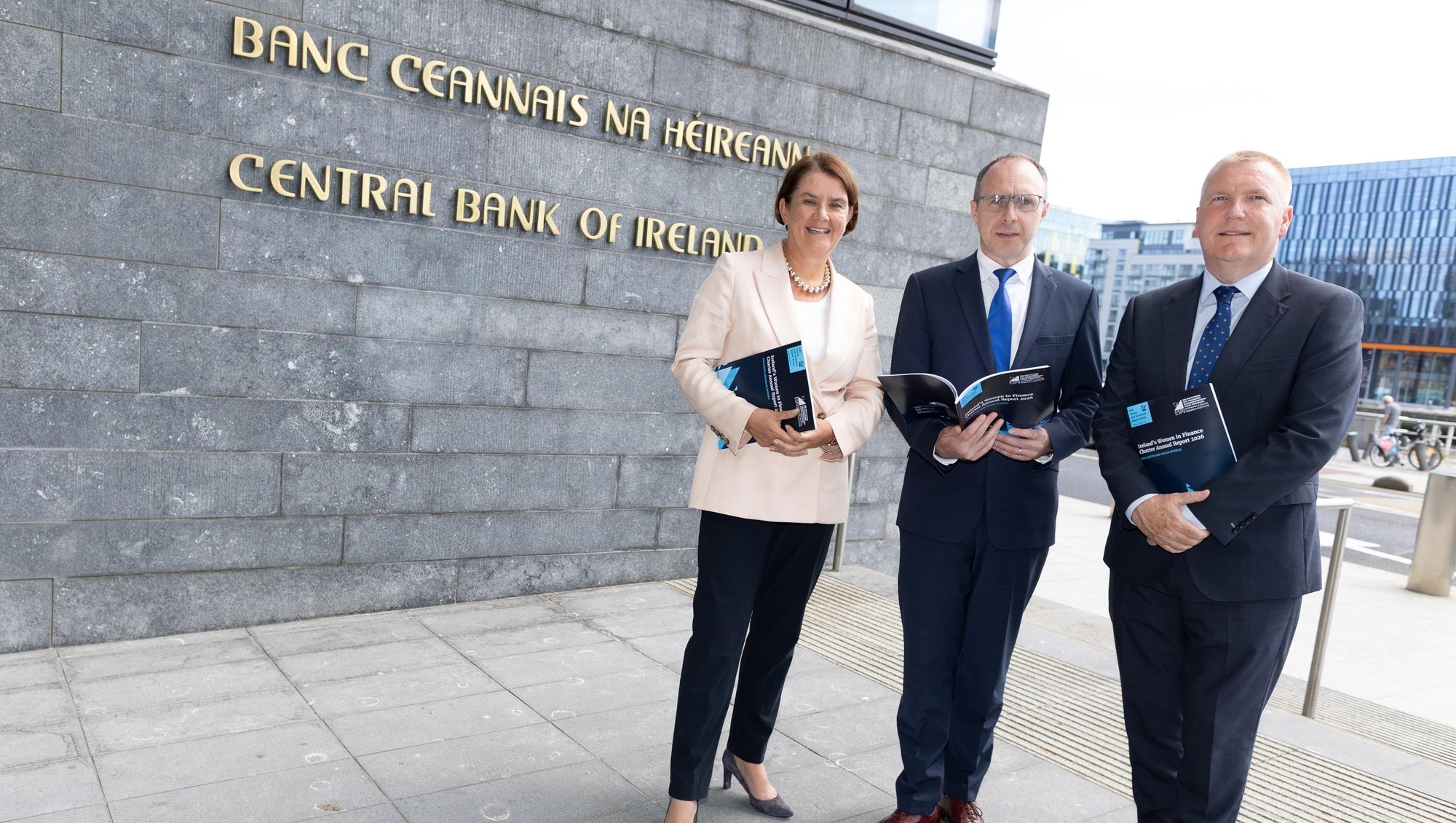 Cathy Bryce, chair of Ireland’s Women in Finance Charter steering group and MD of Capital Markets at AIB; Robert Troy, Minister of State; Michael McGrath, EU Commissioner, launching the charter’s 2026 Annual Report at the Central Bank.