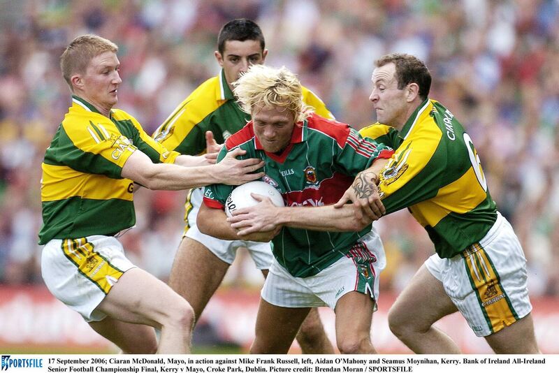 Ciaran McDonald, Mayo, in action against Mike Frank Russell, Aidan O'Mahony and Seamus Moynihan during the 2006 All-Ireland football final against Kerry. Pic: Brendan Moran / SPORTSFILE Ciaran McDonald, Mayo, in action against Mike Frank Russell, Aidan O'Mahony and Seamus Moynihan during the 2006 All-Ireland football final against Kerry. Pic: Brendan Moran / SPORTSFILE