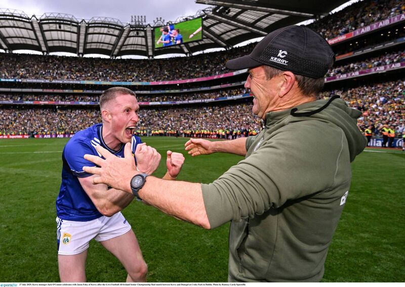 Kerry manager Jack O'Connor celebrates with Jason Foley after beating Donegal in the 2025 All-Ireland SFC final. Pic: Ramsey Cardy/Sportsfile Kerry manager Jack O'Connor celebrates with Jason Foley after beating Donegal in the 2025 All-Ireland SFC final. Pic: Ramsey Cardy/Sportsfile