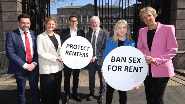 <p>TD Conor Sheehan, senator Nessa Cosgrove, TD Ciaran Ahern, senator Malcolm Noonan, senator Laura Harmon, and Labour leader Ivana Bacik outside Leinster House in April last year ahead of the Seanad debate on the bill to ban sex for rent. Picture: Sasko Lazarov/Rollingnews.ie</p>