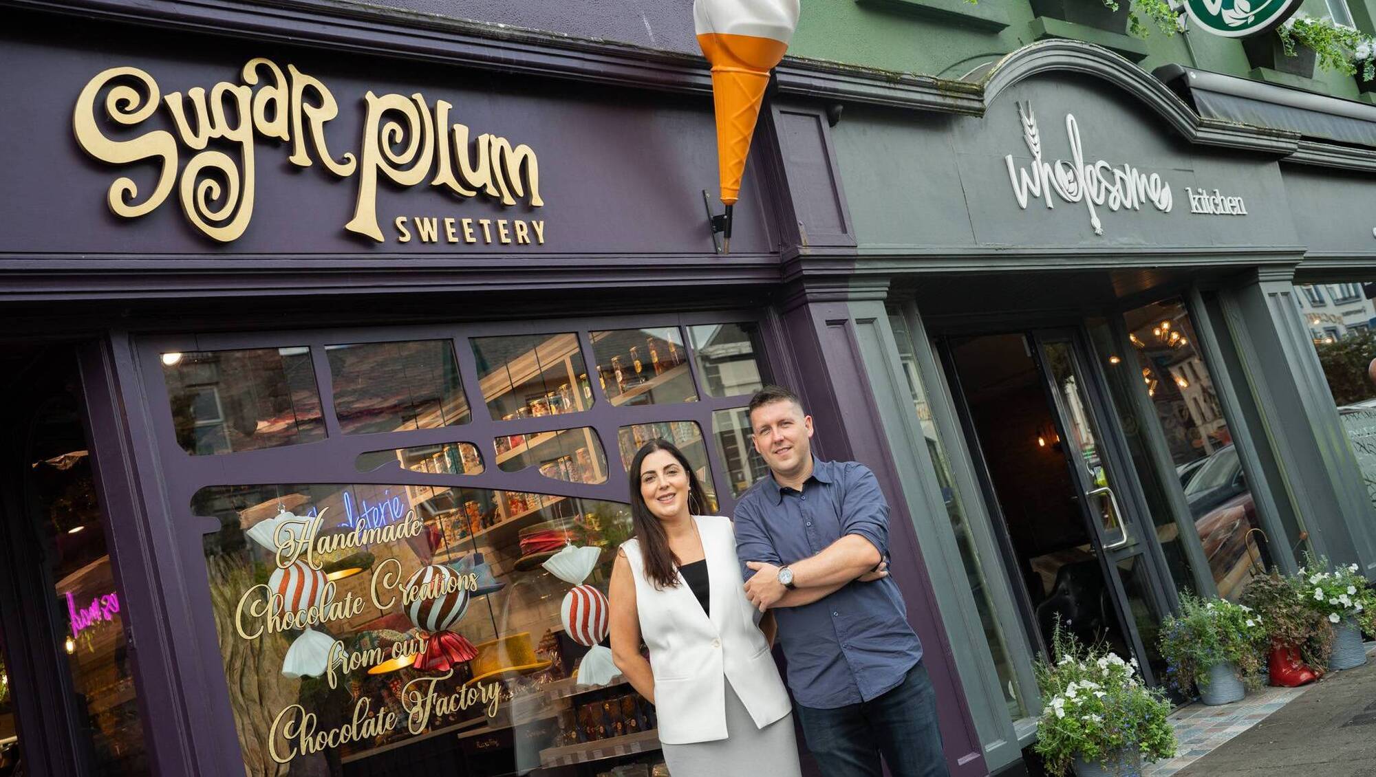 Founders of Sugar Plum Sweetery, David Quirke and Denise Buckley, outside their Mullingar store.