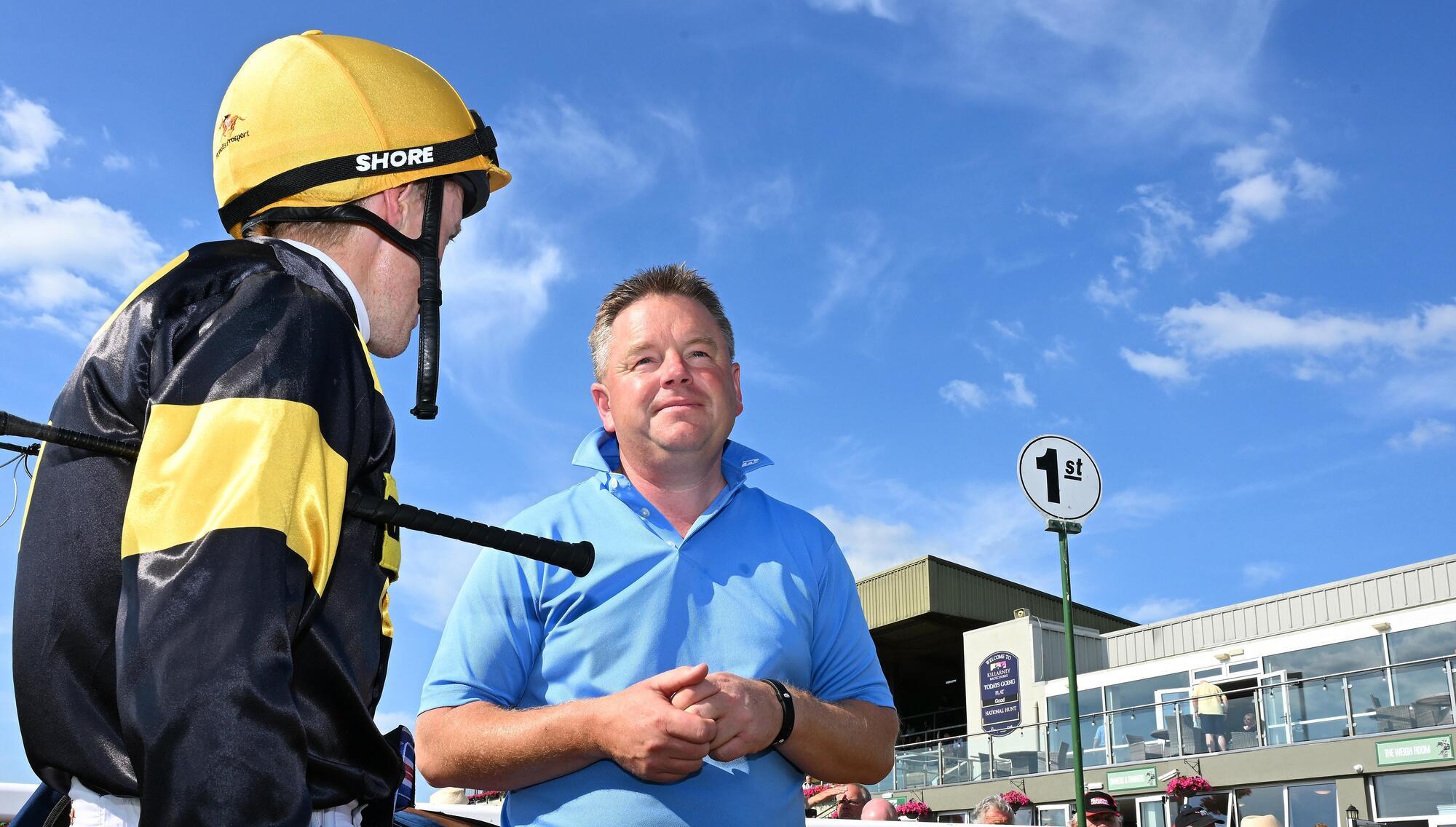 Bily Lee and trainer Paddy Twomey after victory at Killarney. Pic: Healy Racing