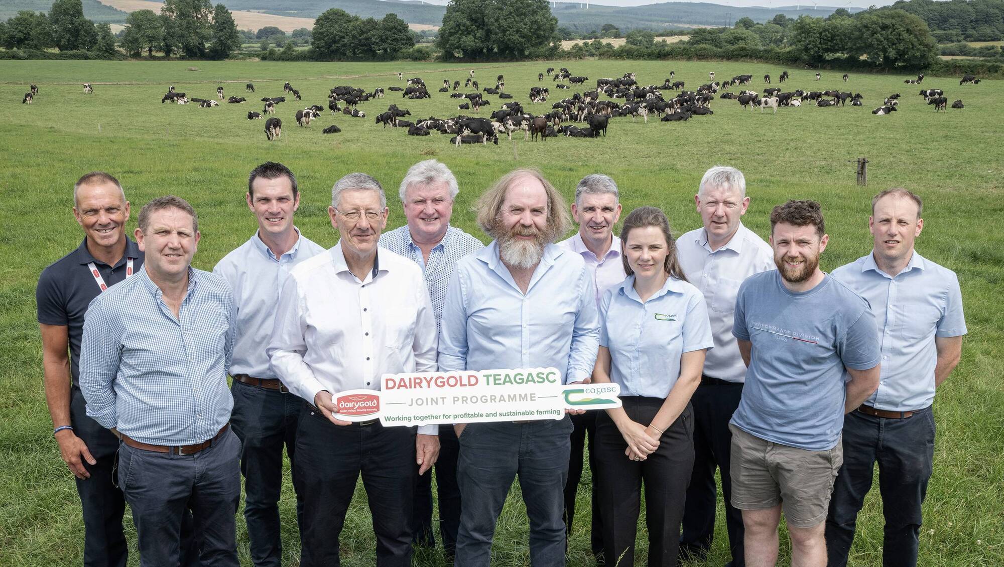 In Buttevant, Co Cork, at the launch of the Dairygold and Teagasc new joint programme to support profitable and sustainable dairy farming are Paul O'Connell, Dairygold milk supply and farm succession manager; host Kieran Kennedy; Stuart Childs, Teagasc programme co-ordinator and dairy specialist; Pat Clancy, Dairygold chairperson; Brendan Hinchion, Dairygold board member; Joe Patton, Teagasc head of dairy knowledge transfer; Michael Harte, Dairygold chief executive; Orlaith Quigley, Teagasc; Billy Cronin, Dairygold head of member services and engagement; Colm Kennedy, host; and Shane O'Donnell, Dairygold business manager. Picture: O'Gorman Photography