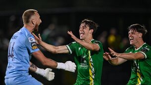 <p>Kerry FC players celebrate with goalkeeper Harry Halwax after he saved the penalty to win the shootout against Shelbourne at Mounthawk Park. Pic: David Fitzgerald/Sportsfile</p> <p>Kerry FC players celebrate with goalkeeper Harry Halwax after he saved the penalty to win the shootout against Shelbourne at Mounthawk Park. Pic: David Fitzgerald/Sportsfile</p>