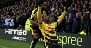 Watford's Odion Ighalo celebrates scoring his side's first goal of the game during the Barclays Premier League match at Vicarage Road, Watford. Watford's Odion Ighalo celebrates scoring his side's first goal of the game during the Barclays Premier League match at Vicarage Road, Watford.
