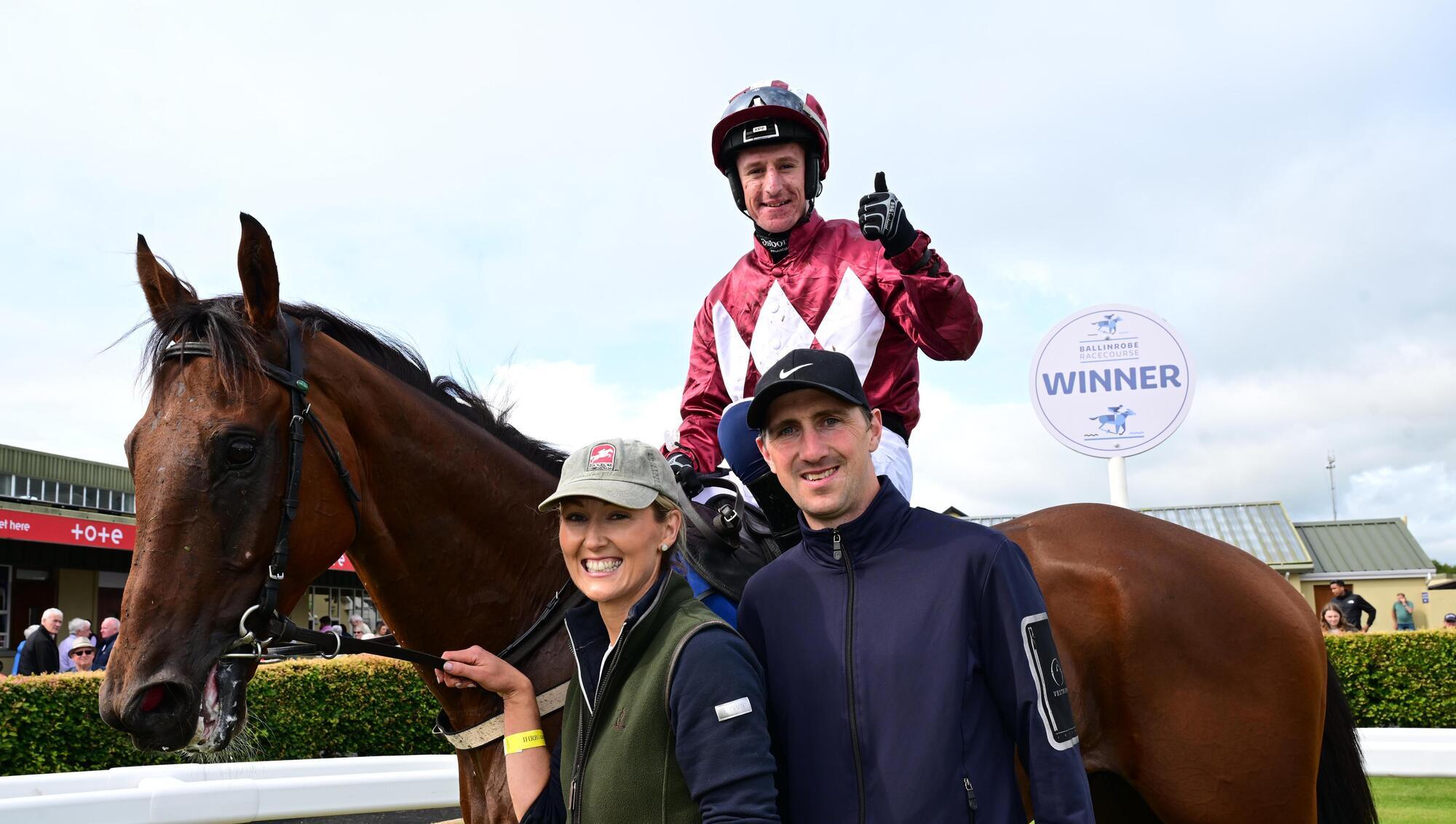  CHAMP: No Mon No Fun & Philip Donovan win the West Howya Maiden Hurdle For trainer Jack Doyle and his wife Fiona. Pic: Healy Racing