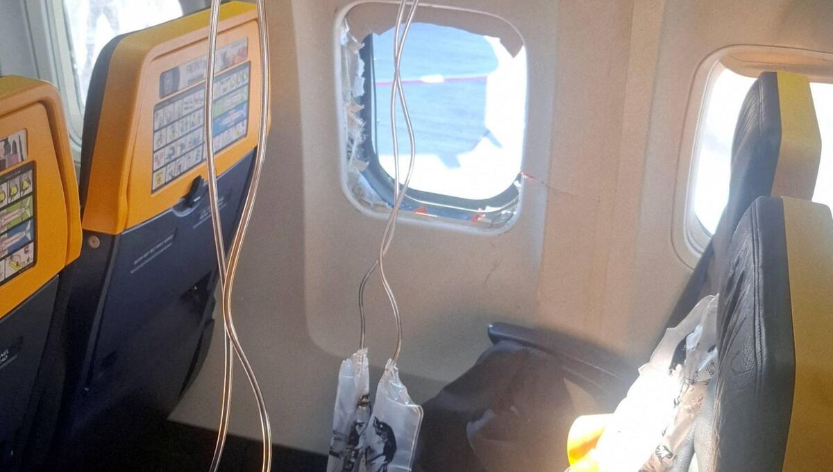 A broken window and the interior of the Ryanair aircraft, following a reported emergency landing, in location given as Thessaloniki, Greece, July 10, 2026, in this picture obtained from social media. Picture: Despoina Papapavlou/via REUTERS A broken window and the interior of the Ryanair aircraft, following a reported emergency landing, in location given as Thessaloniki, Greece, July 10, 2026, in this picture obtained from social media. Picture: Despoina Papapavlou/via REUTERS