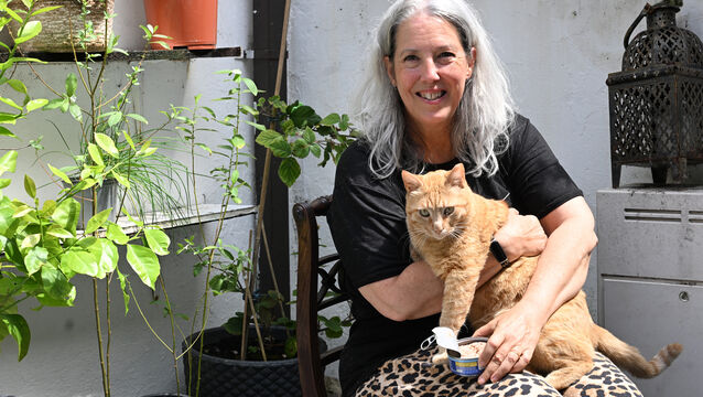 <p> Bridget Forster at home in Cork City with Lady Marmalade, the cat she rescued from Gaza. Pictures: Larry Cummins</p>