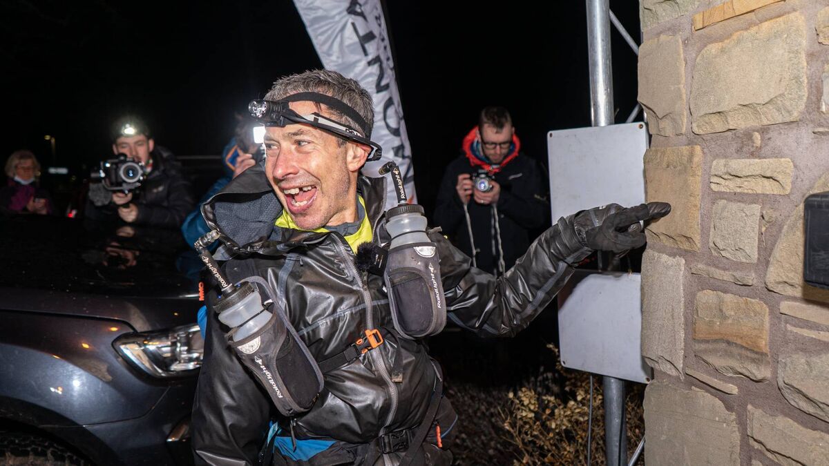 Eoin Keith crossing the line to win the Winter Spine in 2022