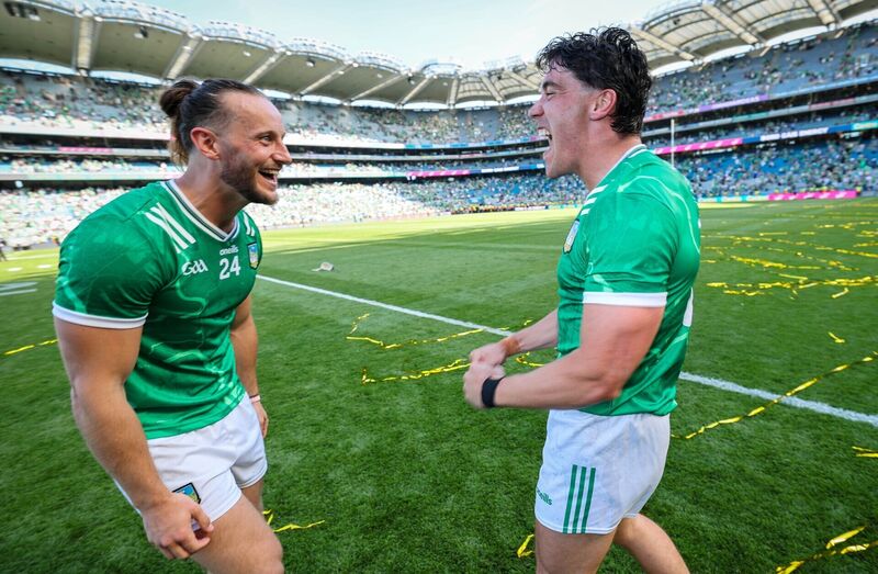 Limerick's Tom Morrissey and Seán Finn celebrate after the match. Pic: Ryan Byrne/Inpho Limerick's Tom Morrissey and Seán Finn celebrate after the match. Pic: Ryan Byrne/Inpho