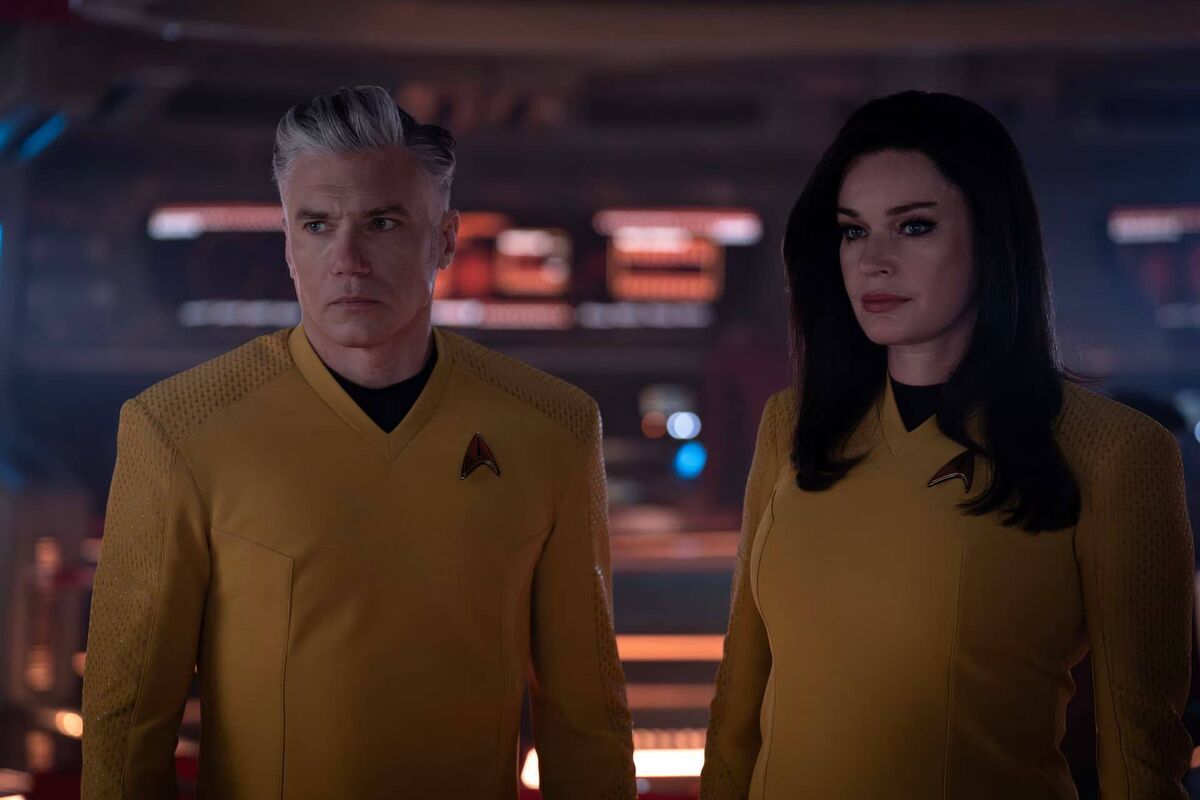 Anson Mount and Rebecca Romijn in Star Trek: Strange New Worlds Anson Mount and Rebecca Romijn in Star Trek: Strange New Worlds
