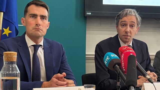 <p>Public expenditure minister Jack Chambers and Tánaiste and finance minister Simon Harris announcing the Government's Summer Economic Statement this afternoon. Picture: David Young/PA</p>