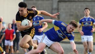 <p>DERBY DRAMA: Cian Walsh, Clyda Rovers clashing with Conor Murphy, Kilshannig in the SAFC. Pic: Brendan Gleeson.</p>