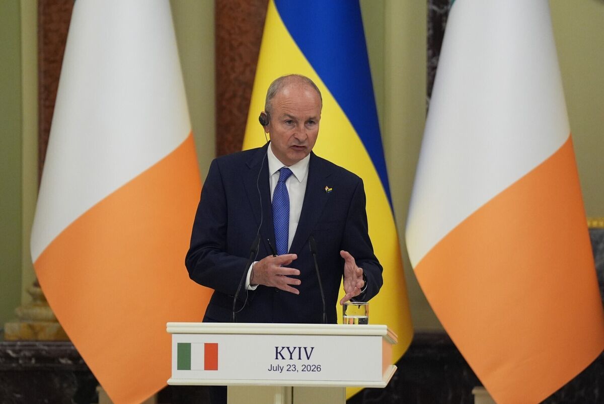 Taoiseach Micheál Martin during a press conference with Ukrainian President Volodymyr Zelensky at the Presidential Palace in Kyiv, Ukraine. Picture: Niall Carson/PA Wire Taoiseach Micheál Martin during a press conference with Ukrainian President Volodymyr Zelensky at the Presidential Palace in Kyiv, Ukraine. Picture: Niall Carson/PA Wire