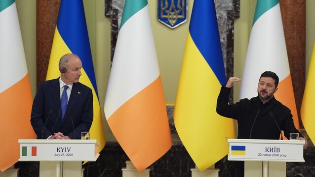 <p>Taoiseach Micheál Martin (left) and Ukrainian President Volodymyr Zelensky during a press conference at the Presidential Palace in Kyiv, Ukraine. Picture: Niall Carson/PA Wire</p>