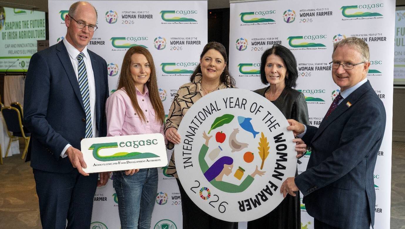 (Left to right): Stan Lalor, Teagasc director of knowledge transfer, Carina Roseingrave, ambassador for International Year of the Woman Farmer 2026, Anne Kinsella Teagasc economist, Loreto Ferguson, Teagasc business delivery officer, and Professor Frank O’Mara, director of Teagasc. 
