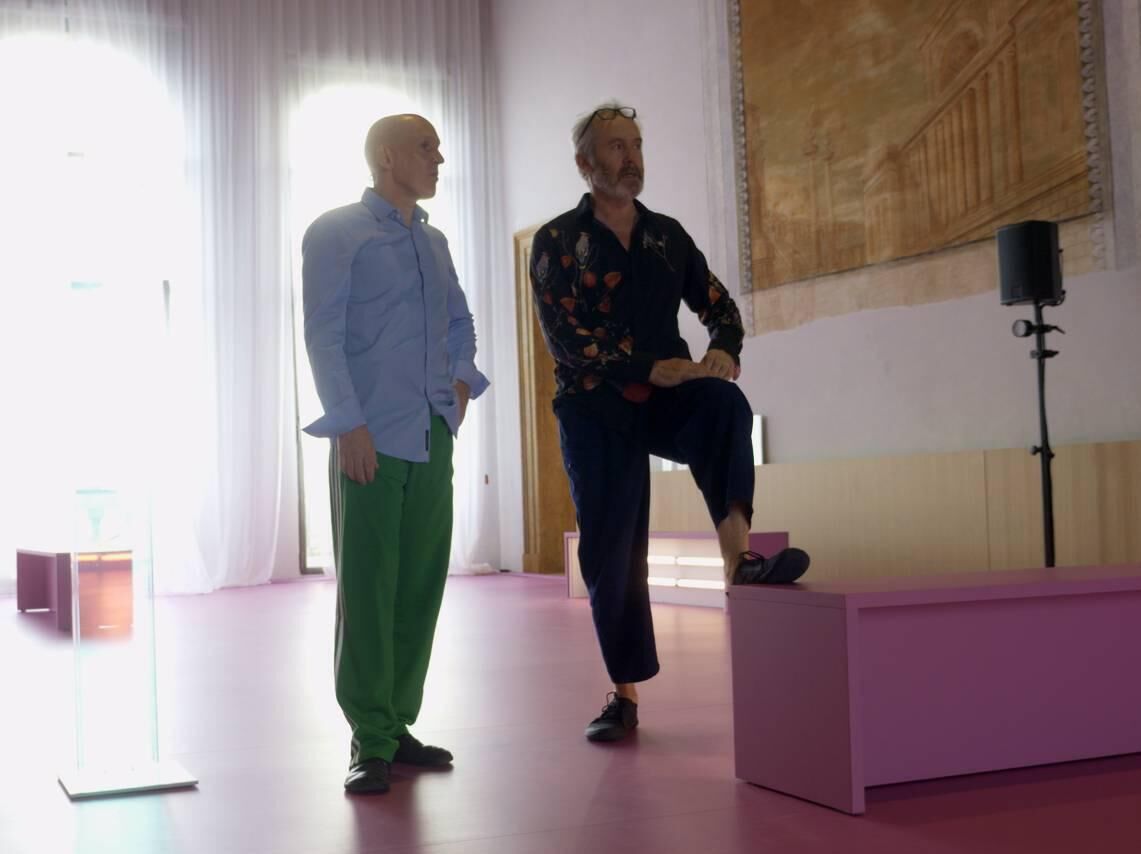 Conor Lovett and Stephen Dillane performing How It Is in Venice. Picture: Grant Gee