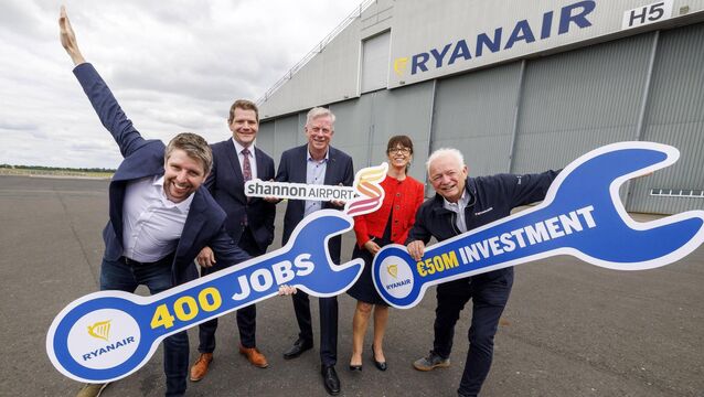 <p>Neal McMahon, COO Ryanair, Minister for Enterprise, Tourism and Employment Peter Burke TD, Ray O'Driscoll, CEO The Shannon Airport Group, Enterprise Ireland CEO, Jenny Melia and Eddie Wilson, CEO Ryanair as Ryanair announced that it has submitted a planning application for a major expansion of its engineering operations at Shannon Airport. Picture: Arthur Ellis</p>