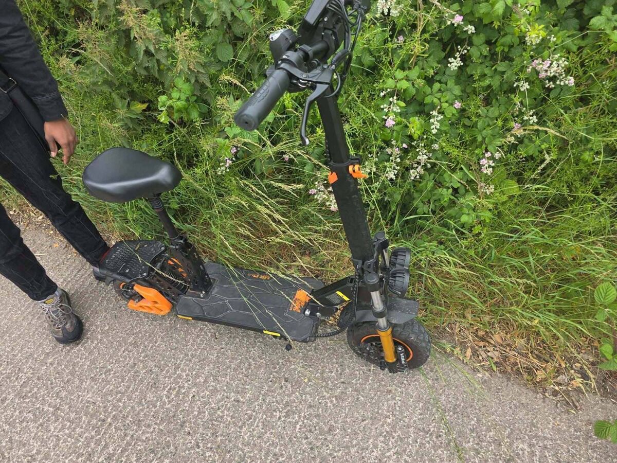 An illegal e-scooter that was seized in Fermoy earlier this month as it had a fitted seat and was over the 20km speed limit. Photo: An Garda Síochána An illegal e-scooter that was seized in Fermoy earlier this month as it had a fitted seat and was over the 20km speed limit. Photo: An Garda Síochána