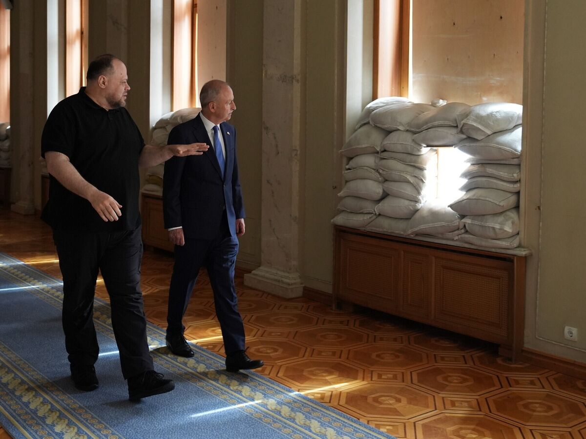  Ruslan Stefanchuk, the chairman of the Verkhovna Rada (Ukraine's parliament) shows Taoiseach Micheál Martin around the building including the sandbags placed at the windows.  Picture: Niall Carson/PA