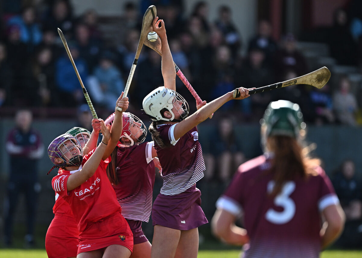 UP FOR IT: Orlaith Cahalane and Cliona Healy, Cork compete with Ally Hesnan and Ciara Hickey, Galway. Photo: Ray Ryan UP FOR IT: Orlaith Cahalane and Cliona Healy, Cork compete with Ally Hesnan and Ciara Hickey, Galway. Photo: Ray Ryan