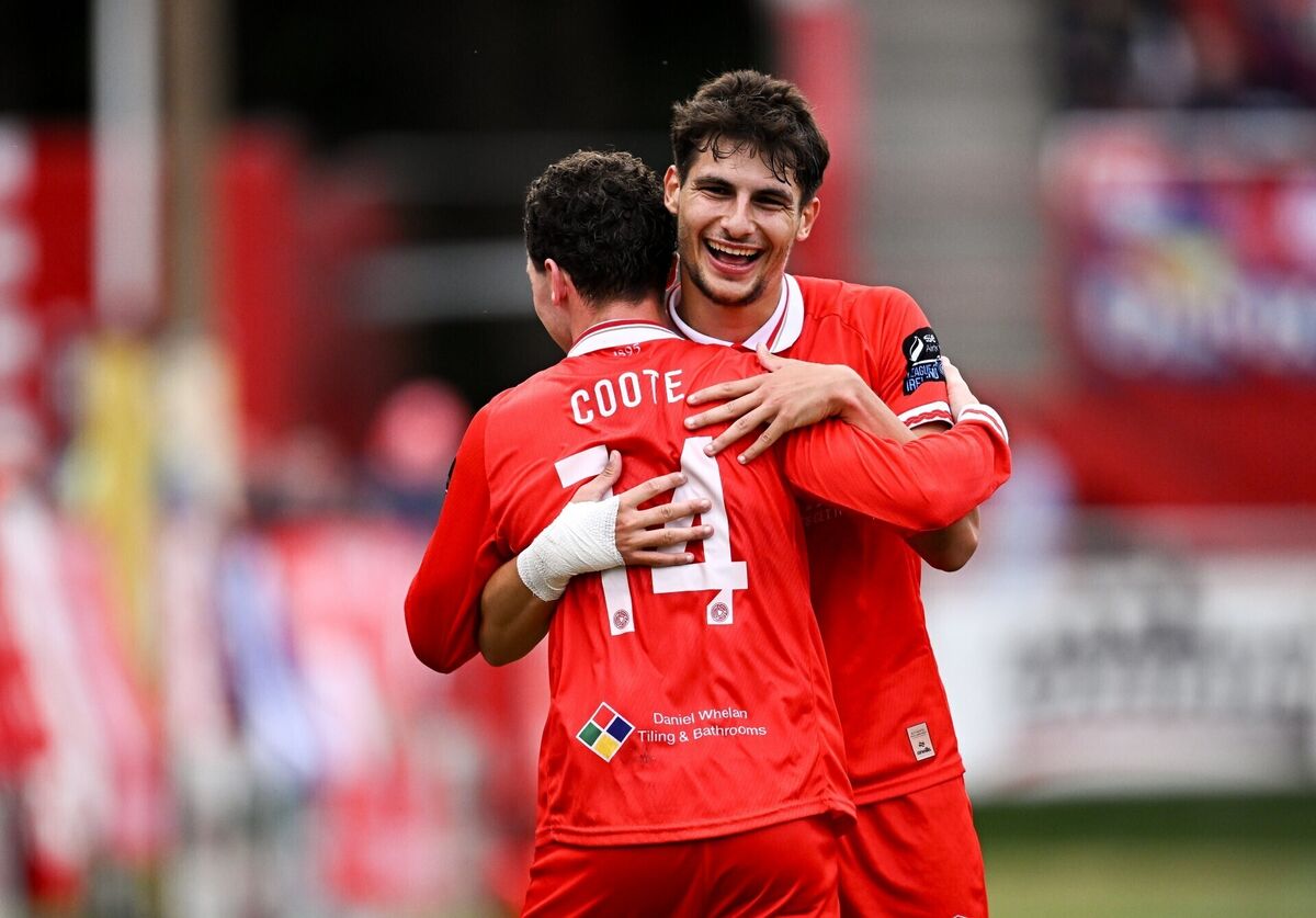 Ali Coote, left, celebrates with team-mate Rodrigo Freitas after scoring the third. Pic: Seb Daly/Sportsfile Ali Coote, left, celebrates with team-mate Rodrigo Freitas after scoring the third. Pic: Seb Daly/Sportsfile