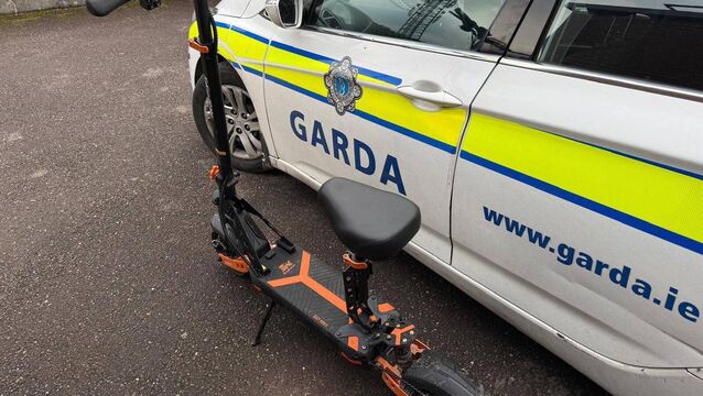 <p>An e-scooter seized from two teenagers in Cork City by gardaí, who said the owner was given two €50 fines, one for carrying a passenger and one for the vehicle having a seat. Picture: An Garda Síochána</p>