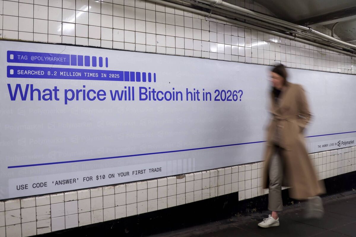 A Polymarket advertisement asking what price Bitcoin will hit in 2026 in a subway station in New York. Picture: Michael Nagle/Bloomberg