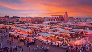 <p>Djemaa El Fna Square with Koutoubia Mosque, Marrakech in the City of Marrakesh, Morocco:</p>