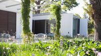 Patio and garden in rear of modern home