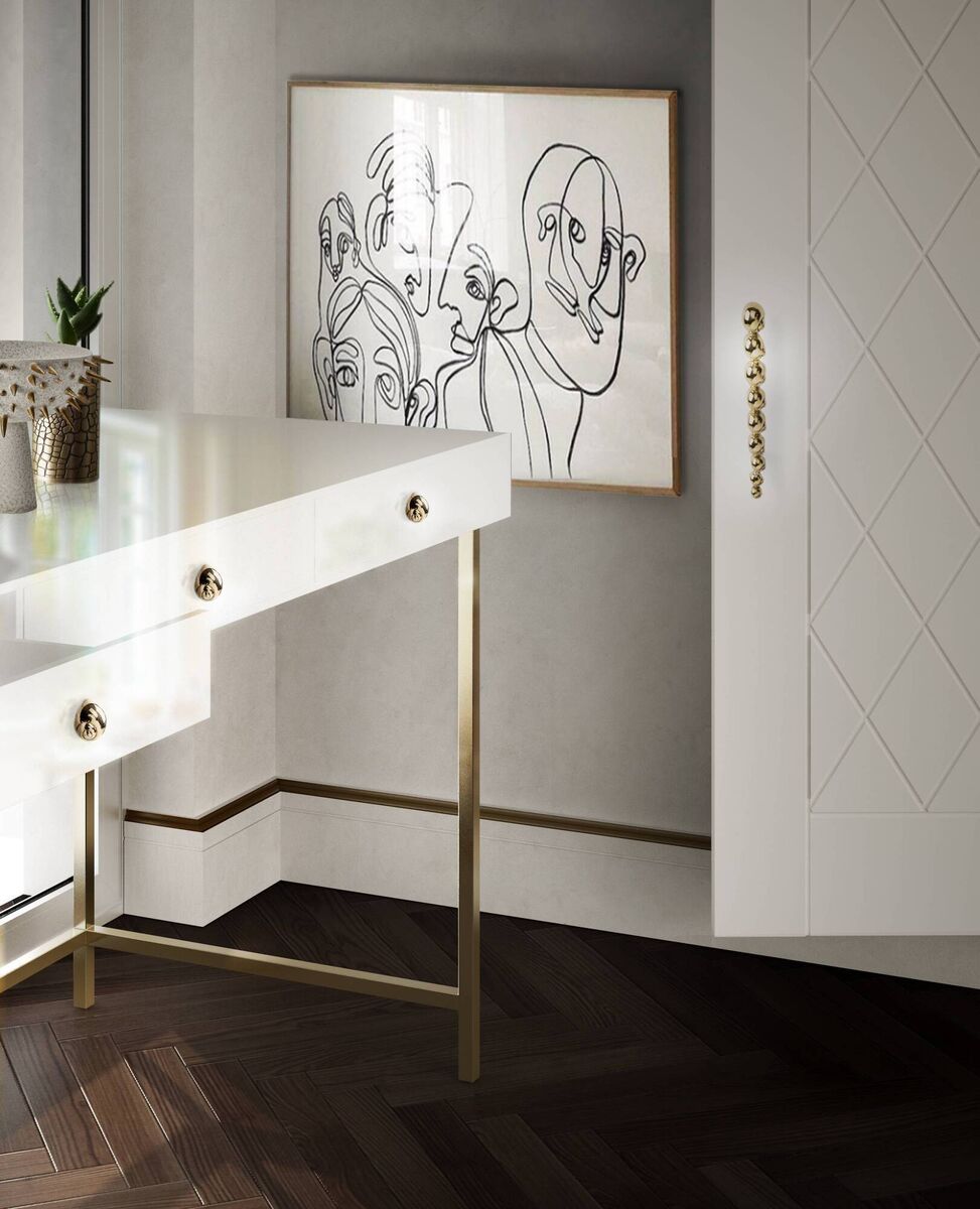 A vanity section well clear of the sink with a low-hanging print hung behind glazing; Natica hardware by Pullcast, POA. A vanity section well clear of the sink with a low-hanging print hung behind glazing; Natica hardware by Pullcast, POA.