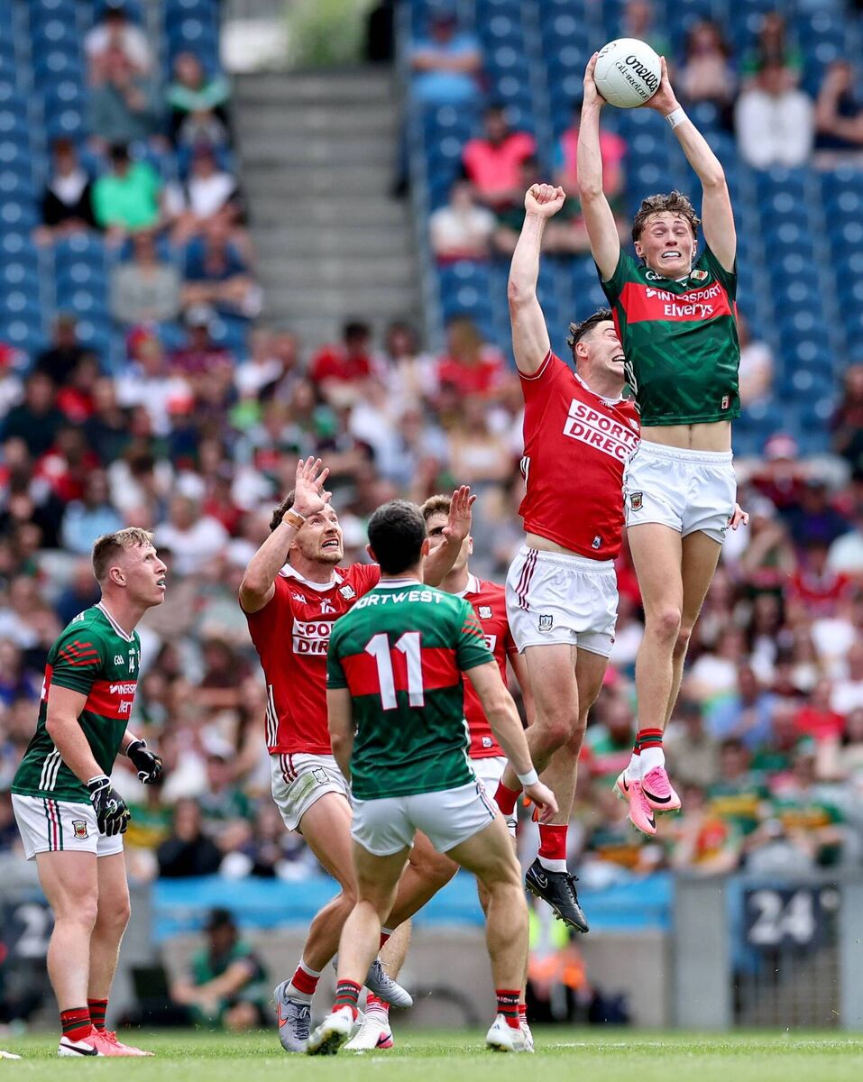 SOARING: Mayo’s Kobe McDonald claims a high ball against Cork in the All-Ireland quarter final. 'I would say he loves basketball as much as he loves football,' says Liam MacHale. Pic: James Crombie, Inpho