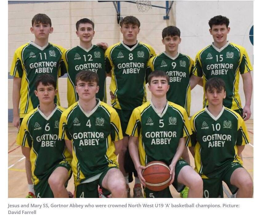 GO GORTNOR: Kobe McDonald (back row, centre) went for 25 points as Jesus and Mary, Gortnor Abbey edged St Muredach’s College 61-56 in Basketball Ireland North West Regional U19 ‘A’ League Final in 2024. 