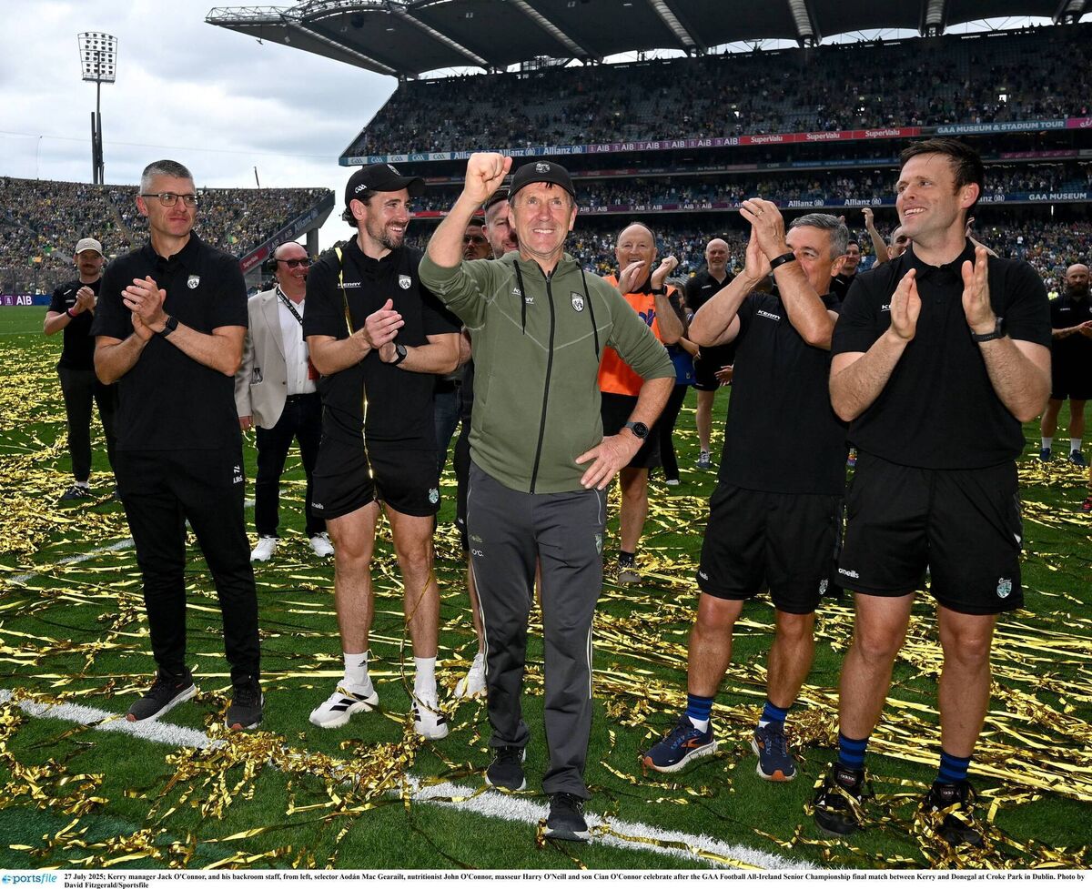 Kerry manager Jack O'Connor, and his backroom staff, from left, selector Aodán Mac Gearailt, nutritionist John O'Connor, masseur Harry O'Neill and son Cian O'Connor after the Kingdom's 2025 All-Ireland SFC final victory over Donegal. Pic: David Fitzgerald/Sportsfile Kerry manager Jack O'Connor, and his backroom staff, from left, selector Aodán Mac Gearailt, nutritionist John O'Connor, masseur Harry O'Neill and son Cian O'Connor after the Kingdom's 2025 All-Ireland SFC final victory over Donegal. Pic: David Fitzgerald/Sportsfile
