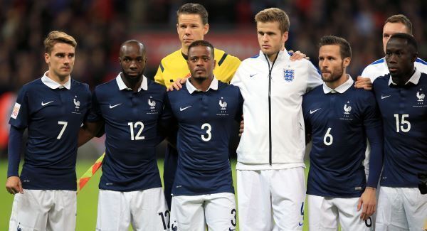 France's Antoine Griezmann, Lassana Diarra, Patrice Evra, England's Eric Dier, France's Yohan Cabaye and Bacary Sagna pictured before the international friendly match at Wembley. Photo: Mike Egerton/PA