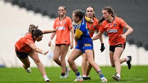<p>Shauna Madden of Longford in action against Caitlin Carnegie, left, and Moya McGrane of Armagh during the LGFA ZuCar All-Ireland U18C Championship final match between Armagh and Longford at St Tiernach’s Park in Clones, Monaghan. Photo by Ben McShane/Sportsfile</p> <p>Shauna Madden of Longford in action against Caitlin Carnegie, left, and Moya McGrane of Armagh during the LGFA ZuCar All-Ireland U18C Championship final match between Armagh and Longford at St Tiernach’s Park in Clones, Monaghan. Photo by Ben McShane/Sportsfile</p>