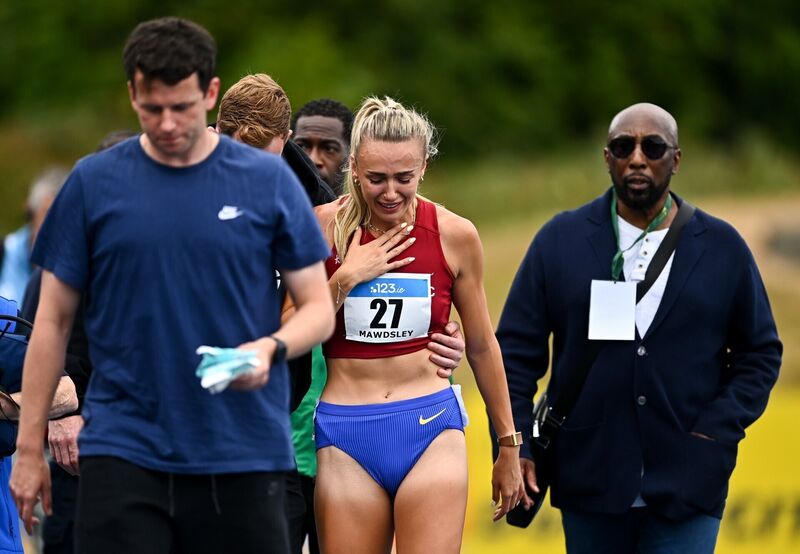 Sharlene Mawdsley of Newport A.C., Tipperary, reacts after pulling out of the women's 200m final during day one of the 123.ie National Senior Track & Field Championships 2026 at Morton Stadium in Dublin. Photo by Tyler Miller/Sportsfile Sharlene Mawdsley of Newport A.C., Tipperary, reacts after pulling out of the women's 200m final during day one of the 123.ie National Senior Track & Field Championships 2026 at Morton Stadium in Dublin. Photo by Tyler Miller/Sportsfile