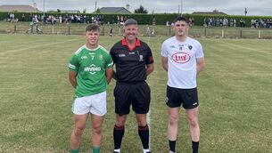 <p>Aghada captain Kyle O’Shea with referee Conor McCarthy and Kiskeam captain Thomas Casey before their PIFC game. </p> <p>Aghada captain Kyle O’Shea with referee Conor McCarthy and Kiskeam captain Thomas Casey before their PIFC game. </p>