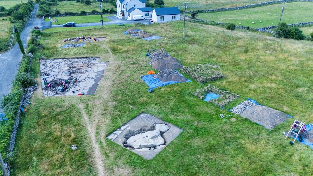 The University of Galway excavation site at Prospecthill, Co Galway, with the portal tomb capstone in the foreground and the outline of the court tomb behind. Picture: Andrew Downes/Xposure/University of Galway/PA Wire The University of Galway excavation site at Prospecthill, Co Galway, with the portal tomb capstone in the foreground and the outline of the court tomb behind. Picture: Andrew Downes/Xposure/University of Galway/PA Wire